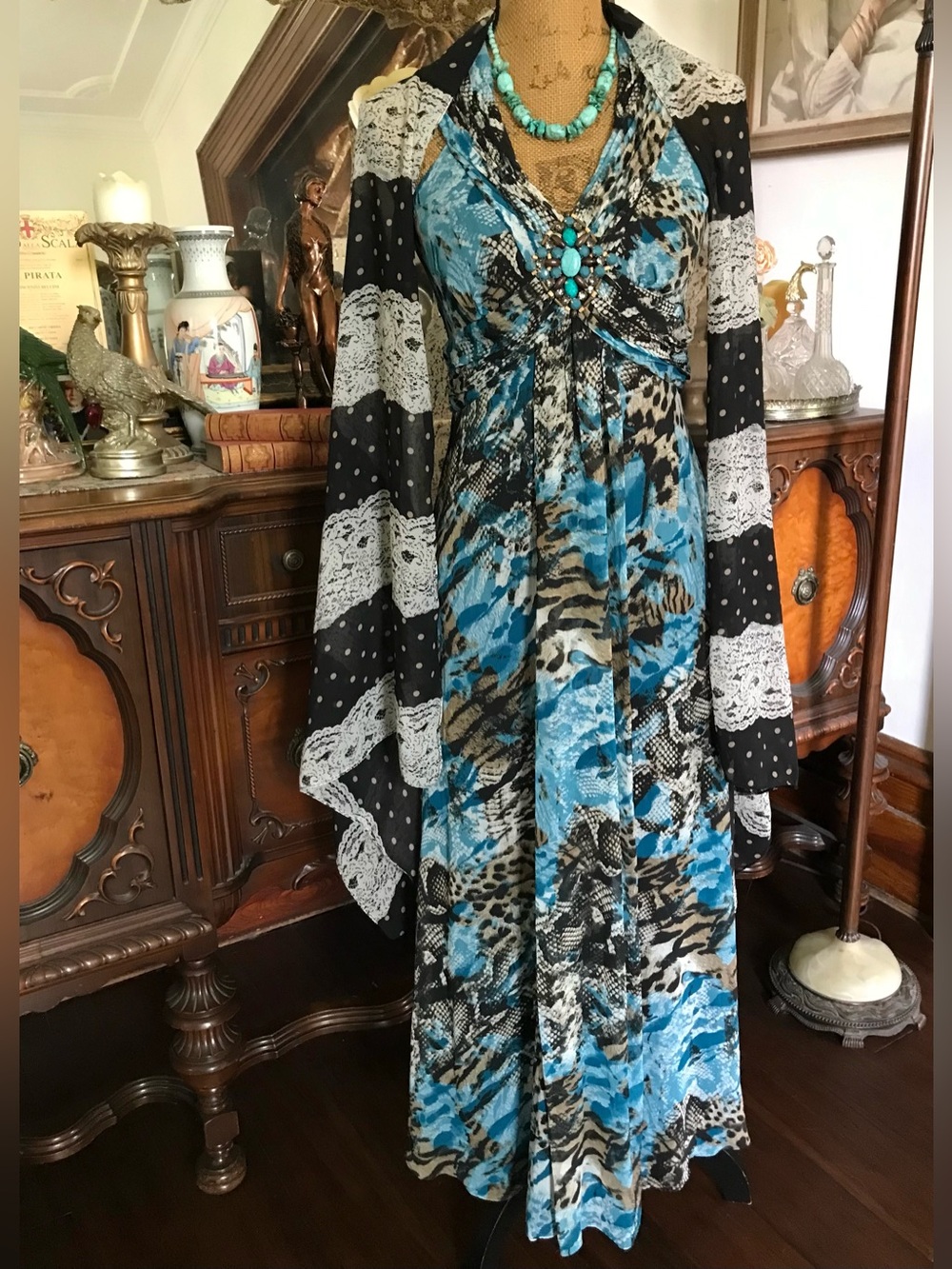 Vintage Grecian Roman Inspo Abstract Animal Print Romantic Boho Dress/Shawl Set